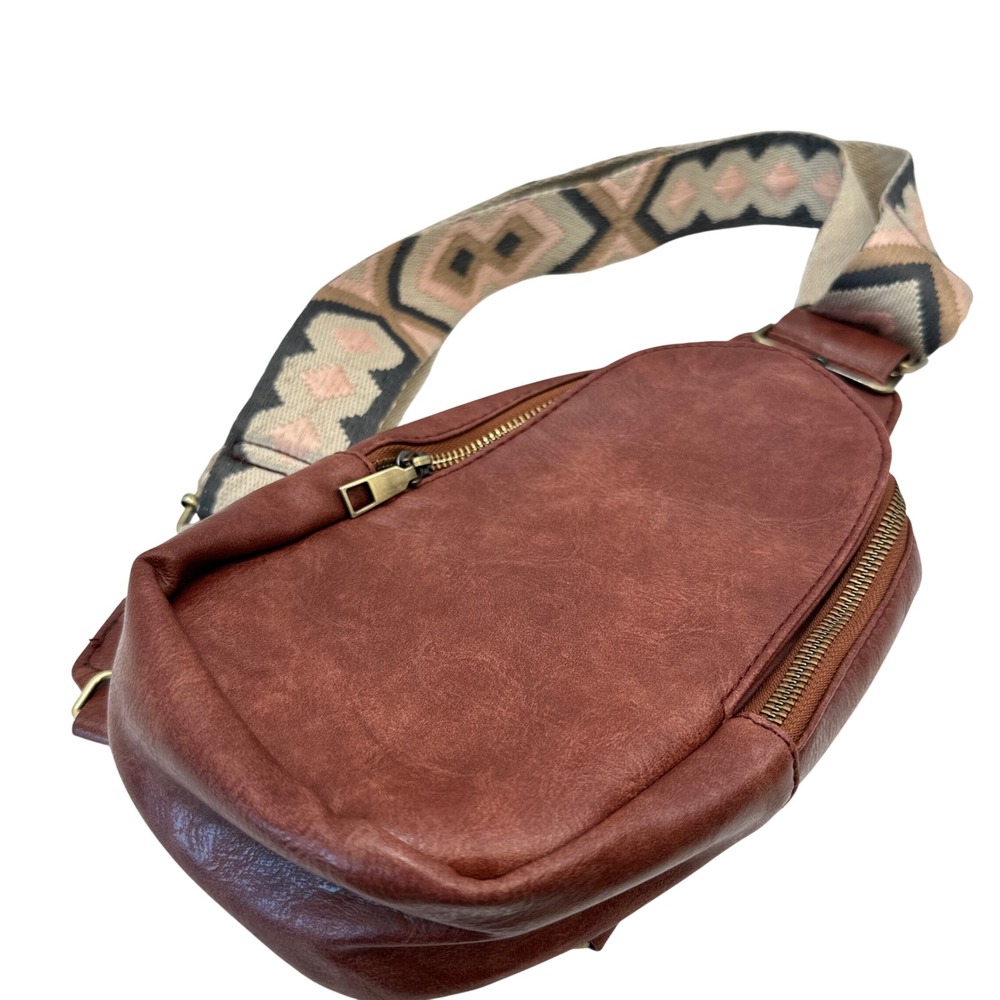 Anthropologie Leather Sling Bag Guitar Strap Geometric Crossbody Travel Backpack